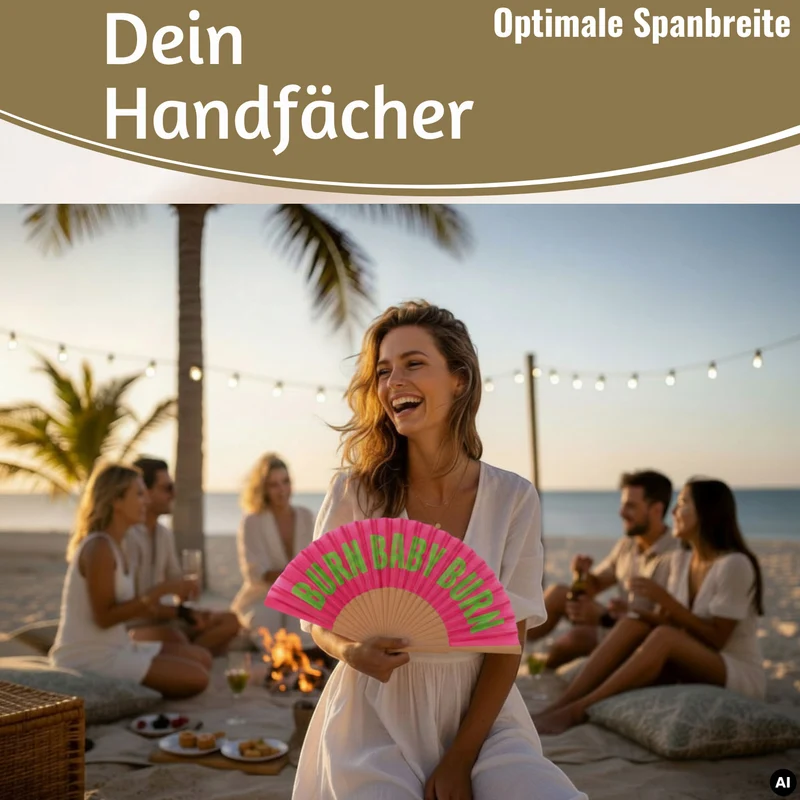 Handfächer Holz Stoff Fächer "Burn Baby Burn" Rosa Pink Grün faltbar Faltfächer