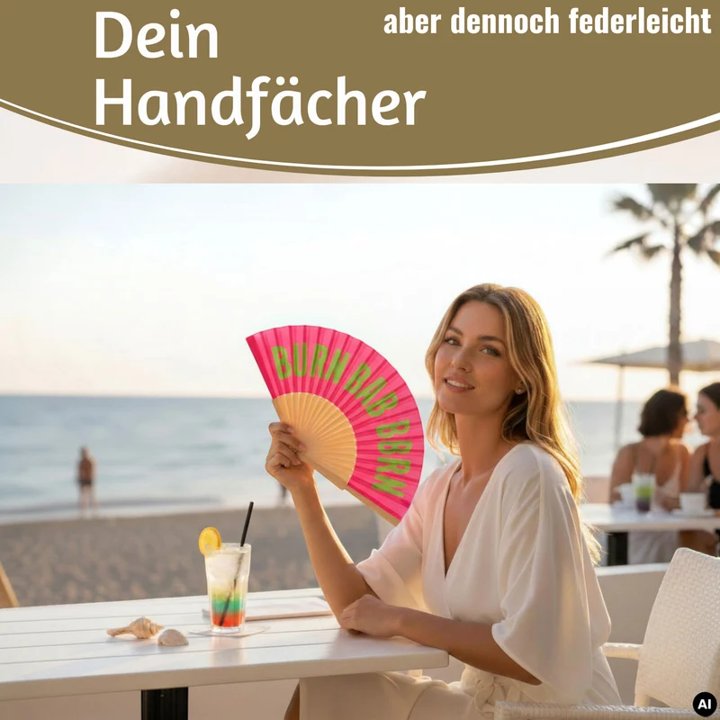 Handfächer Holz Stoff Fächer "Burn Baby Burn" Rosa Pink Grün faltbar Faltfächer