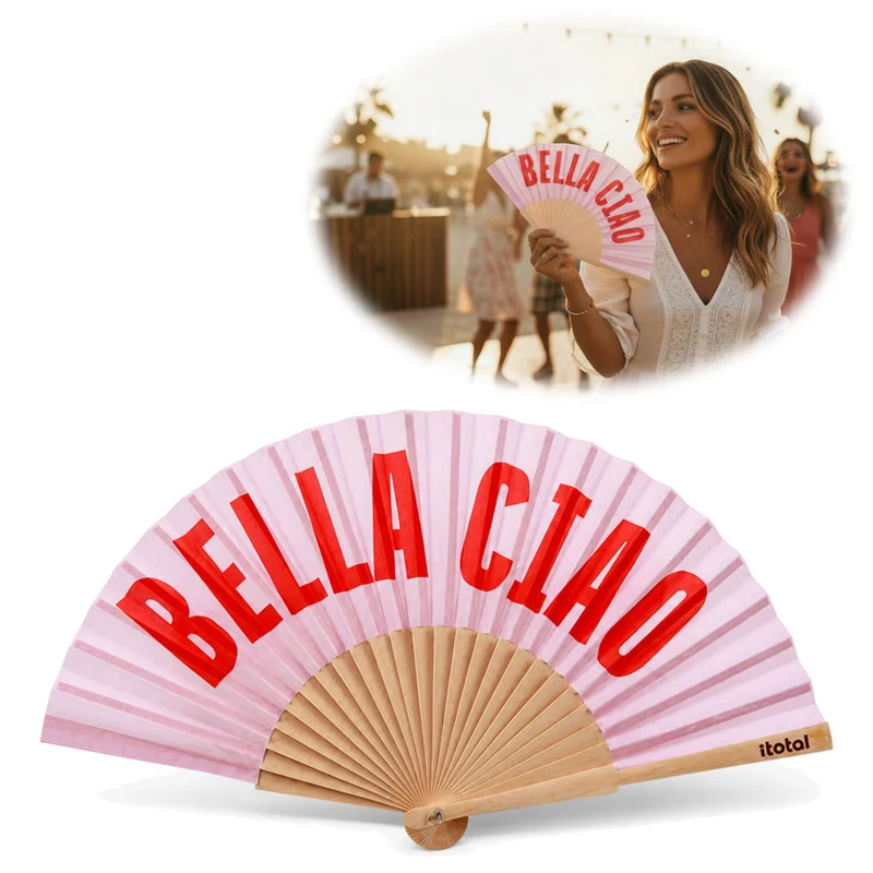 Handfächer Holz Stoff Fächer "Bella Ciao" Rosa Rot faltbar Faltfächer