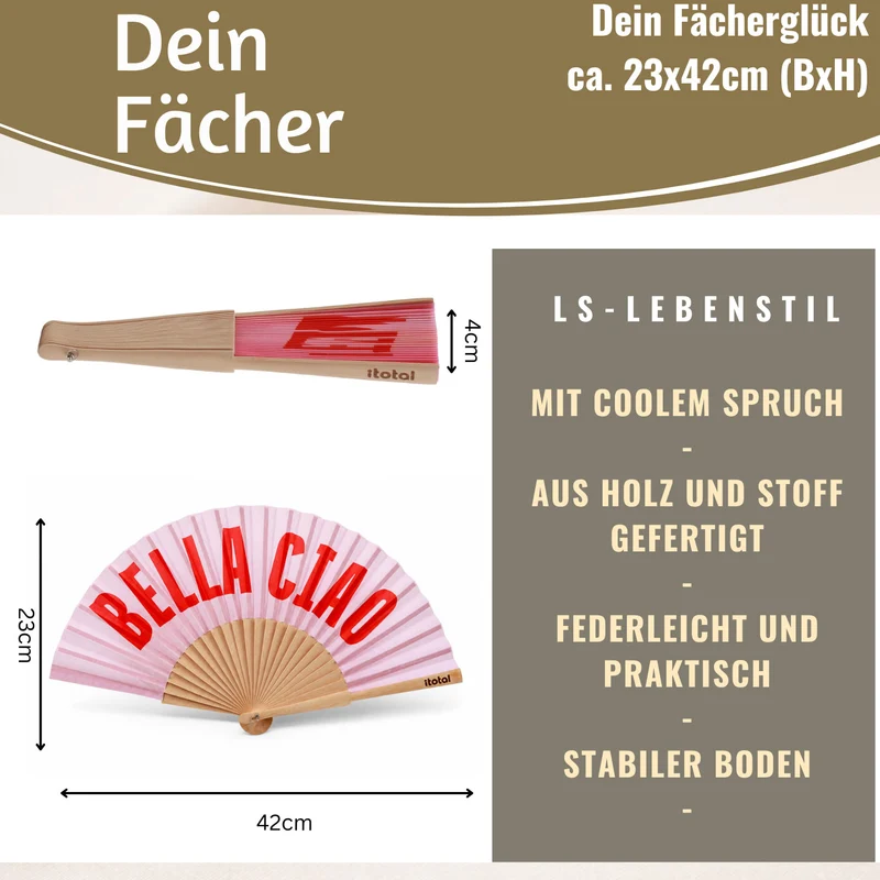 Handfächer Holz Stoff Fächer "Bella Ciao" Rosa Rot faltbar Faltfächer