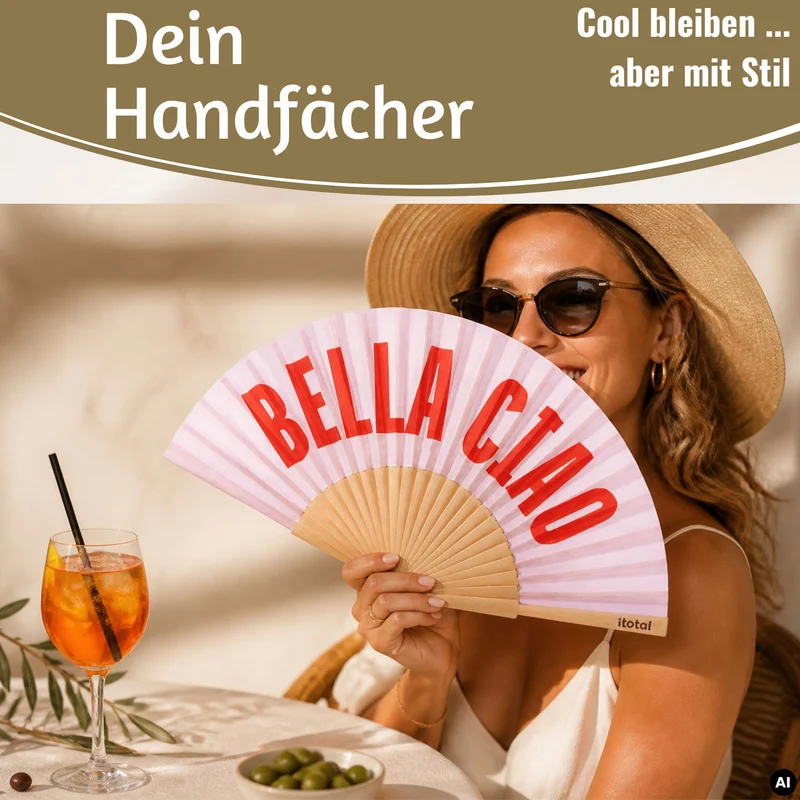 Handfächer Holz Stoff Fächer "Bella Ciao" Rosa Rot faltbar Faltfächer