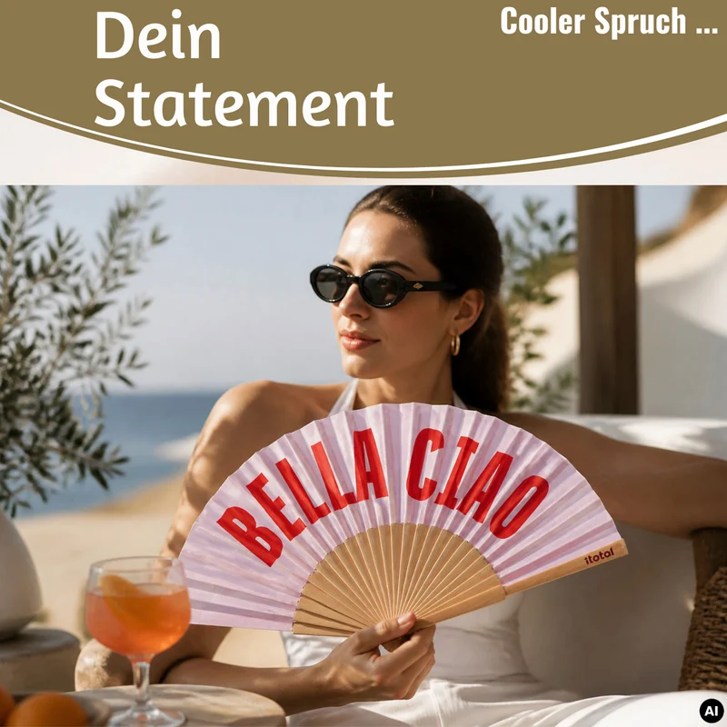 Handfächer Holz Stoff Fächer "Bella Ciao" Rosa Rot faltbar Faltfächer