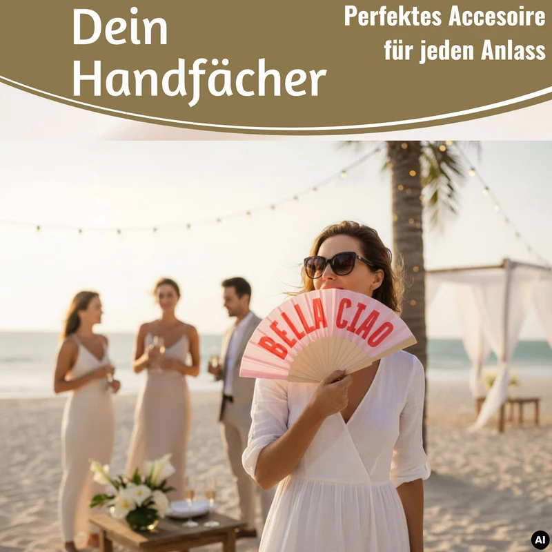 Handfächer Holz Stoff Fächer "Bella Ciao" Rosa Rot faltbar Faltfächer