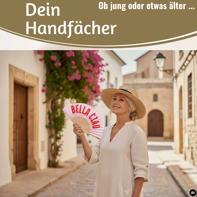 Handfächer Holz Stoff Fächer "Bella Ciao" Rosa Rot faltbar Faltfächer