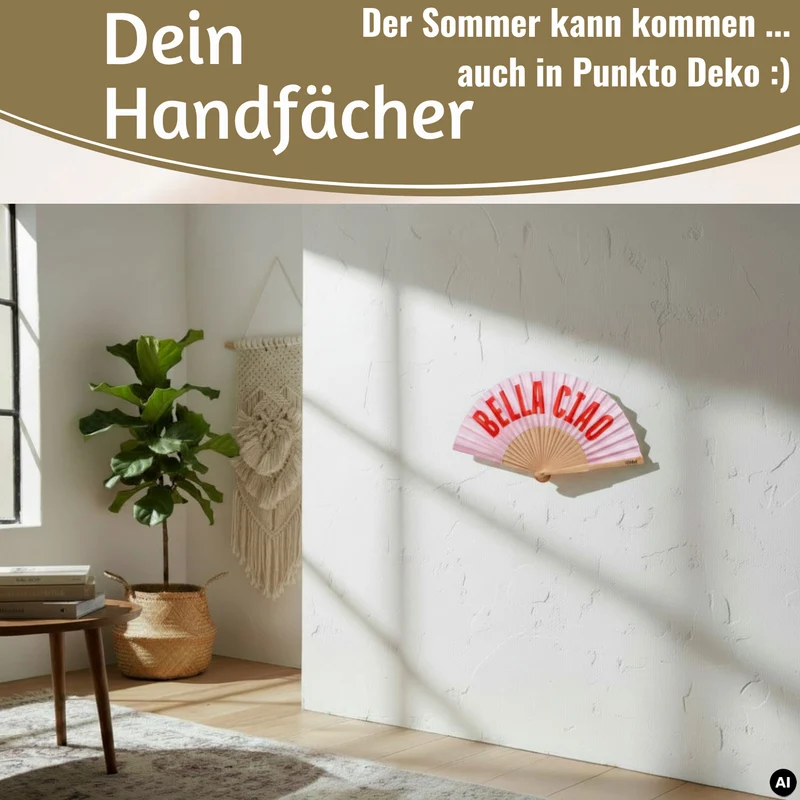 Handfächer Holz Stoff Fächer "Bella Ciao" Rosa Rot faltbar Faltfächer