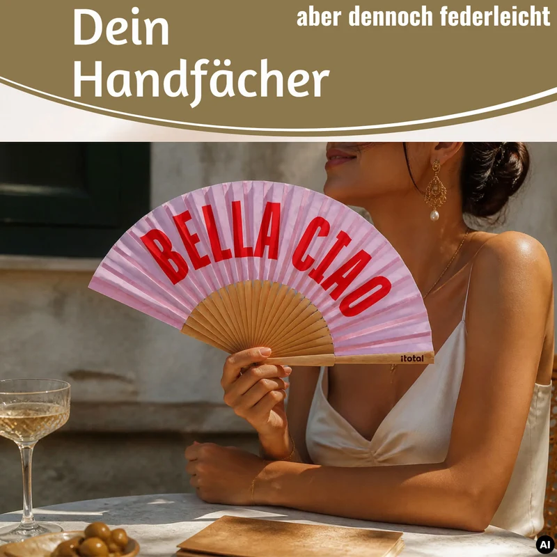 Handfächer Holz Stoff Fächer "Bella Ciao" Rosa Rot faltbar Faltfächer