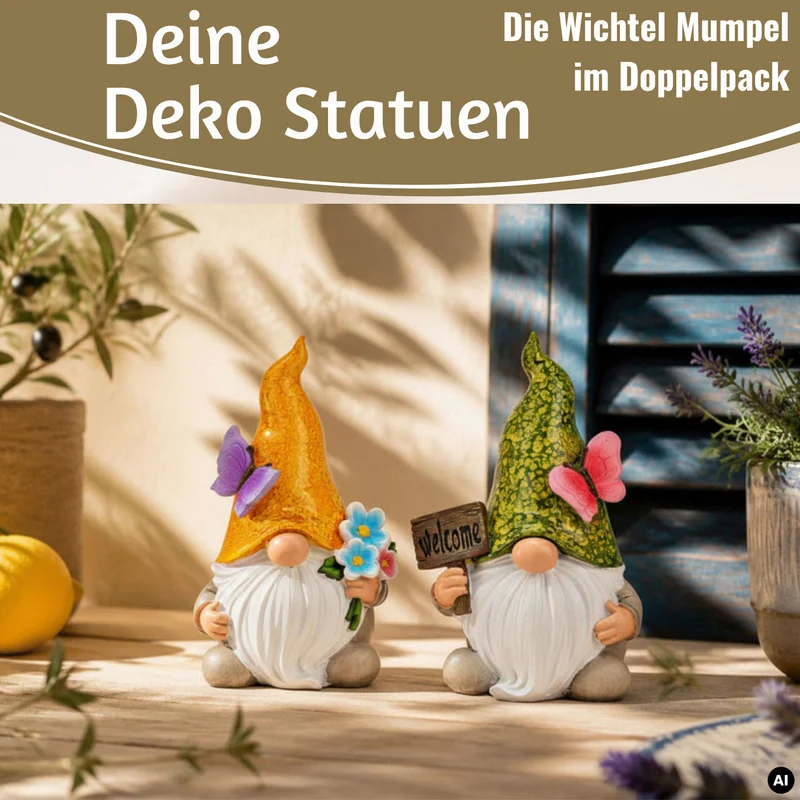 2x Deko Figuren Wichtel Set 15cm Welcome Gartenwichtel Gartenzwerg Garten Objekt