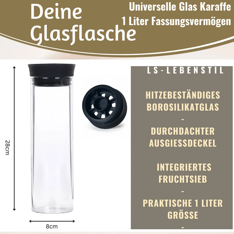 2x Glas Flasche Wasserkaraffe 1L Borosilikatglas Deckel Sieb Karaffe Krug Flasche