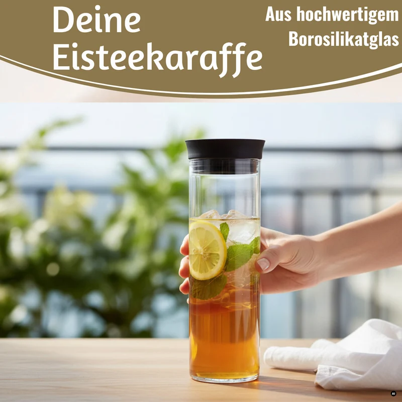 2x Glas Flasche Wasserkaraffe 1L Borosilikatglas Deckel Sieb Karaffe Krug Flasche