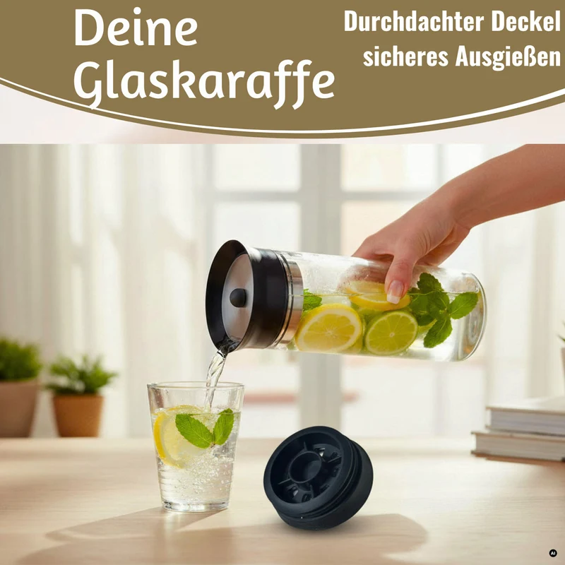 2x Glas Flasche Wasserkaraffe 1L Borosilikatglas Deckel Sieb Karaffe Krug Flasche