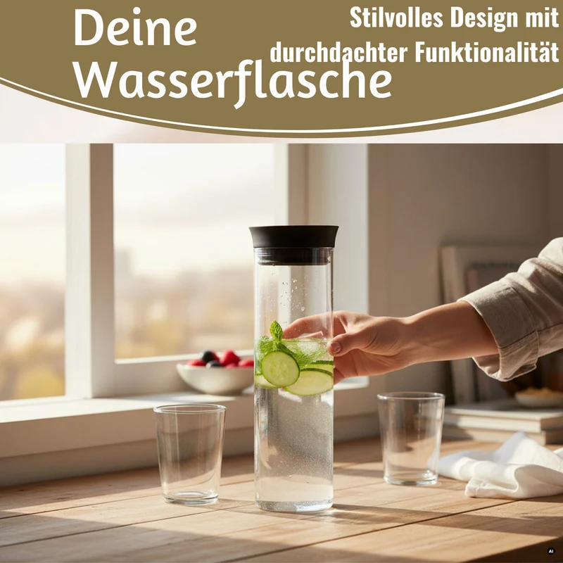 2x Glas Flasche Wasserkaraffe 1L Borosilikatglas Deckel Sieb Karaffe Krug Flasche