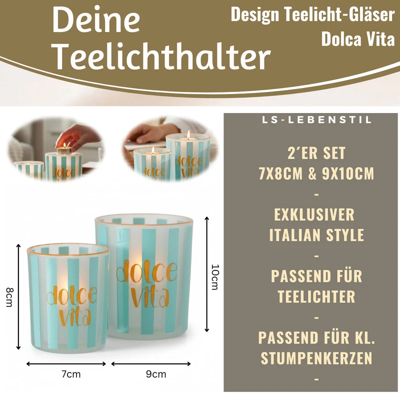 2x Glas Teelichthalter Dolce Vita 8-10cm Set Teelichtgläser Windlicht Kerzenglas