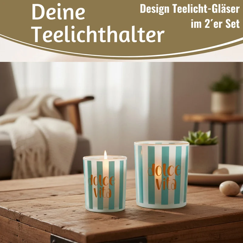 2x Glas Teelichthalter Dolce Vita 8-10cm Set Teelichtgläser Windlicht Kerzenglas