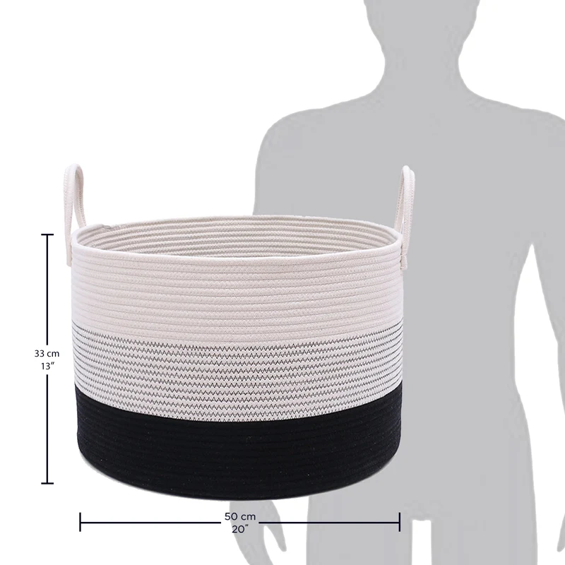 Cotton Rope Storage Basket - Off-White & Black w/ Stitches - Wide