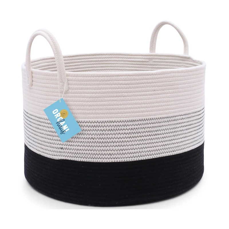 Cotton Rope Storage Basket - Off-White & Black w/ Stitches - Wide