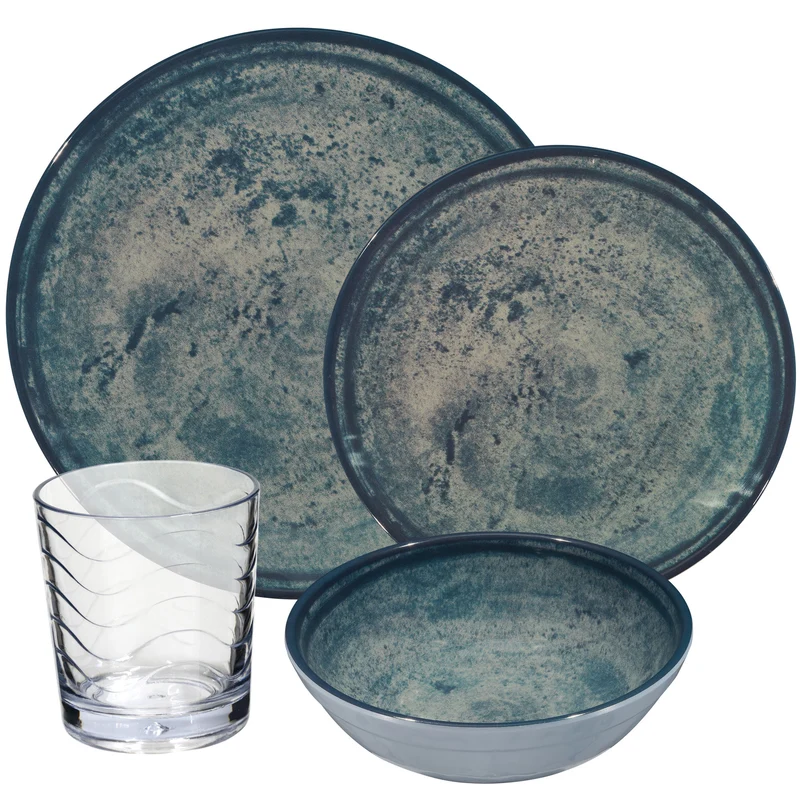 Melamin Geschirr Set Mondgranit Blau-Grau für 6 Personen - 24 Teile - mit klaren Trinkgläsern 250ml Steingutoptik Spülmaschinengeeignet Essgeschirr Campingzubehör Campinggeschirr Wohnwagen Camping