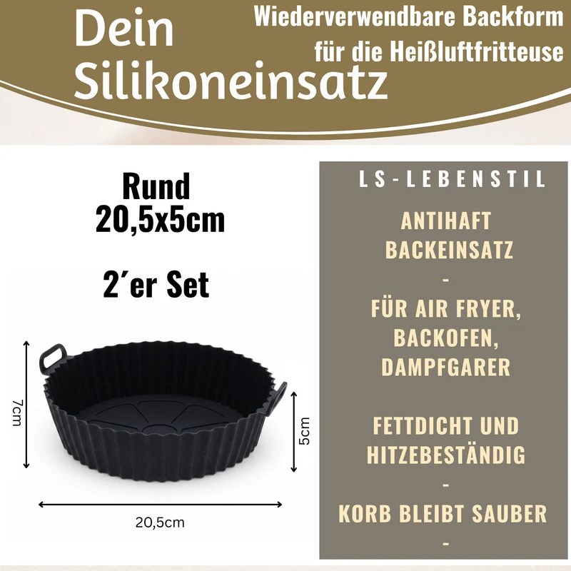 Silikonform Rund 20cm Backform 2´er Set Einsatz für Airfryer Heißluftfritteuse Zubehör
