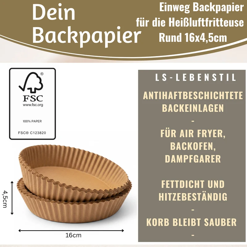 Backpapier Rund 16cm Set 100 Stück FSC für Airfryer Heißluftfritteuse Zubehör