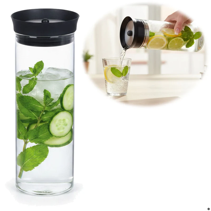 Glaskaraffe Wasserkaraffe 1L Borosilikat Glas Flasche Deckel Sieb Krug Flasche