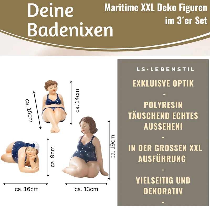 Deko Figuren Set 3x Badenixe XL Figur Molly Maritim Blau Weiß Badeanzug Objekt