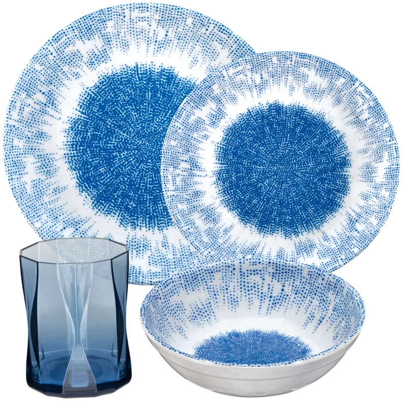 Melamin Geschirr Set Wish Flower Blau für 2 Personen - 8 Teile - mit blauem Trinkglas 300ml Steingutoptik Spülmaschinengeeignet Essgeschirr Campingzubehör Campinggeschirr Wohnwagen Camping