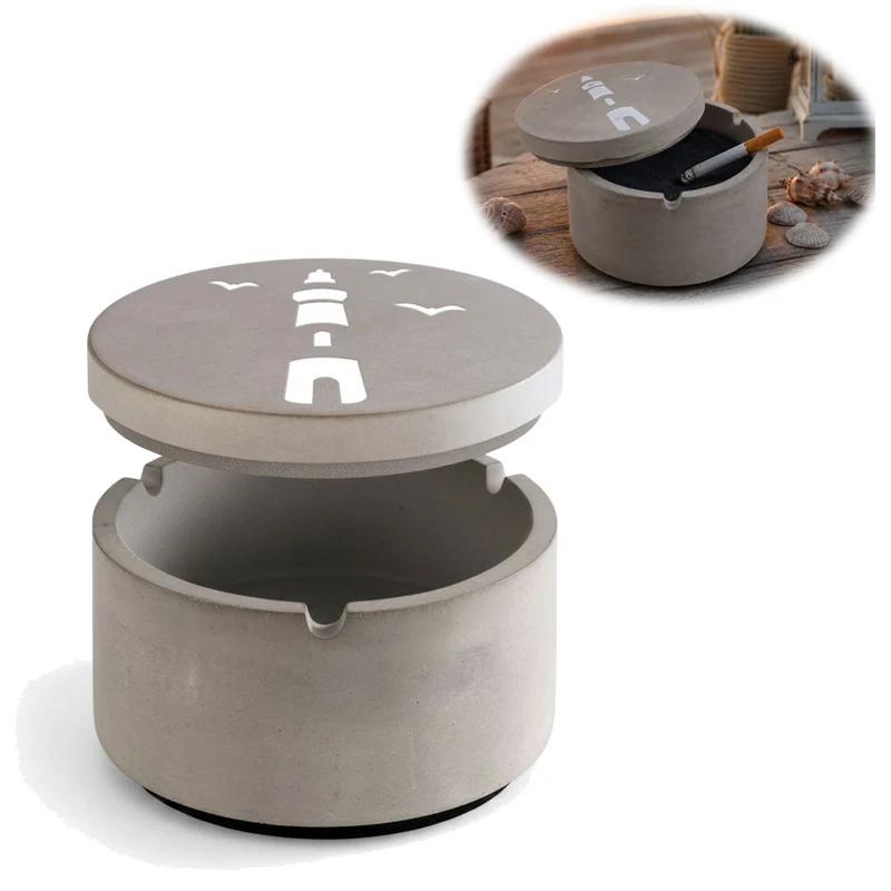 Beton Sturmaschenbecher Leuchtturm 9x7cm Maritim Grau Aschenbecher mit Deckel