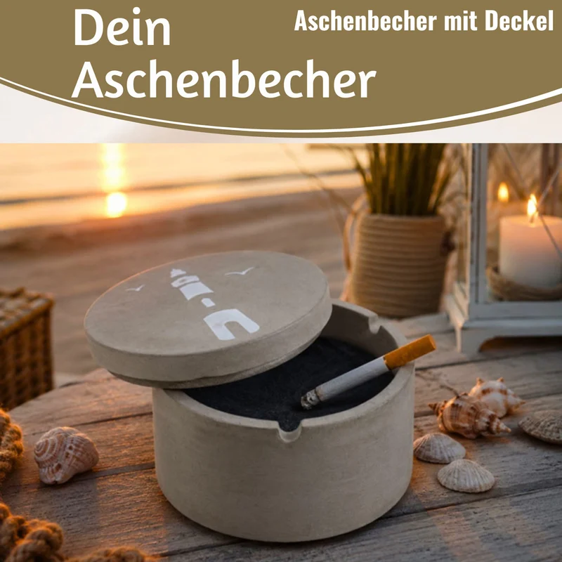 Beton Sturmaschenbecher Leuchtturm 9x7cm Maritim Grau Aschenbecher mit Deckel