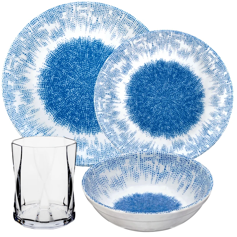Melamin Geschirr Set Wish Flower Blau für 4 Personen - 16 Teile - mit klarem Trinkglas 300ml Steingutoptik Spülmaschinengeeignet Essgeschirr Campingzubehör Campinggeschirr Wohnwagen Camping