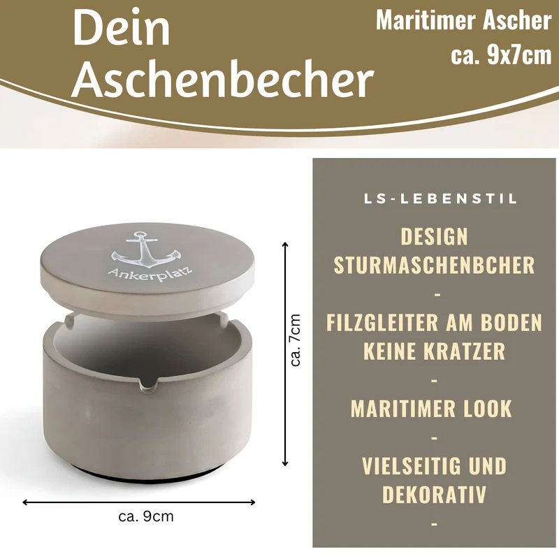 Beton Sturmaschenbecher Ankerplatz 9x7cm Maritim Grau Aschenbecher mit Deckel