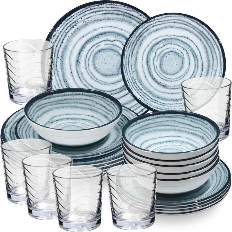 Melamin Geschirr Set Blau Schiefer für 6 Personen - 24 Teile - mit klaren Trinkgläsern 250 ml - Steingutoptik Spülmaschinengeeignet Essgeschirr Campingzubehör Campinggeschirr Wohnwagen Camping