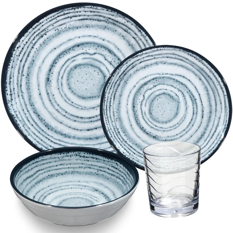 Melamin Geschirr Set Blau Schiefer für 6 Personen - 24 Teile - mit klaren Trinkgläsern 250 ml - Steingutoptik Spülmaschinengeeignet Essgeschirr Campingzubehör Campinggeschirr Wohnwagen Camping