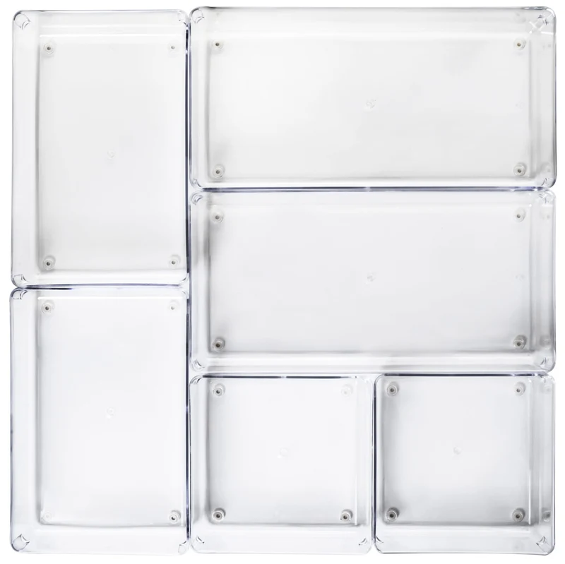 Schubladen Organizer 5,5cm hoch - 6 Teile 48x48 cm 3 Größen klar transparent Antislip - Organizer für Schminktisch Kosmetik Bad Küche Kiste Besteck Aufbewahrungsbox Ordnungsbox Schubladeneinsatz Ordnungssystem