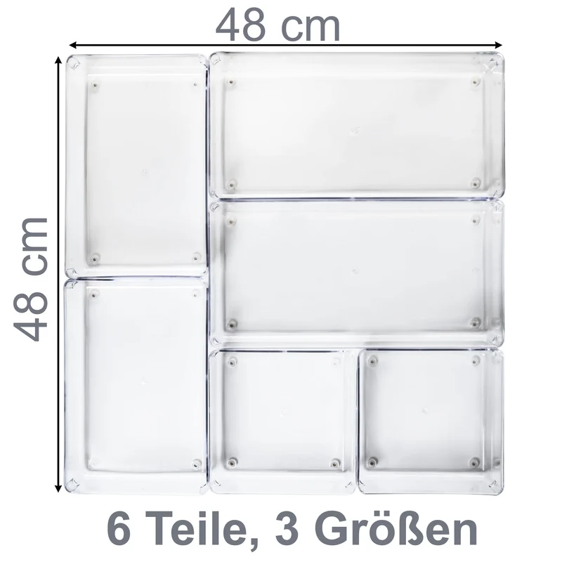 Schubladen Organizer 5,5cm hoch - 6 Teile 48x48 cm 3 Größen klar transparent Antislip - Organizer für Schminktisch Kosmetik Bad Küche Kiste Besteck Aufbewahrungsbox Ordnungsbox Schubladeneinsatz Ordnungssystem