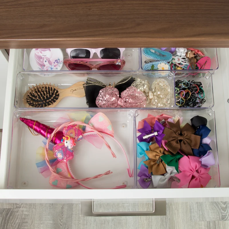 Schubladen Organizer 5,5cm hoch - 6 Teile 48x48 cm 3 Größen klar transparent Antislip - Organizer für Schminktisch Kosmetik Bad Küche Kiste Besteck Aufbewahrungsbox Ordnungsbox Schubladeneinsatz Ordnungssystem