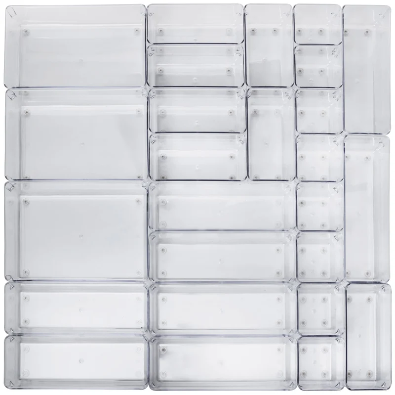Schubladen Organizer 5,5 cm hoch - 26 Teile 64x64 cm 4 Größen klar transparent Antislip - Organizer für Schminktisch Ordnungssystem Kosmetik Bad Küche Kiste Besteck Aufbewahrungsbox Ordnungsbox Schubladeneinsatz