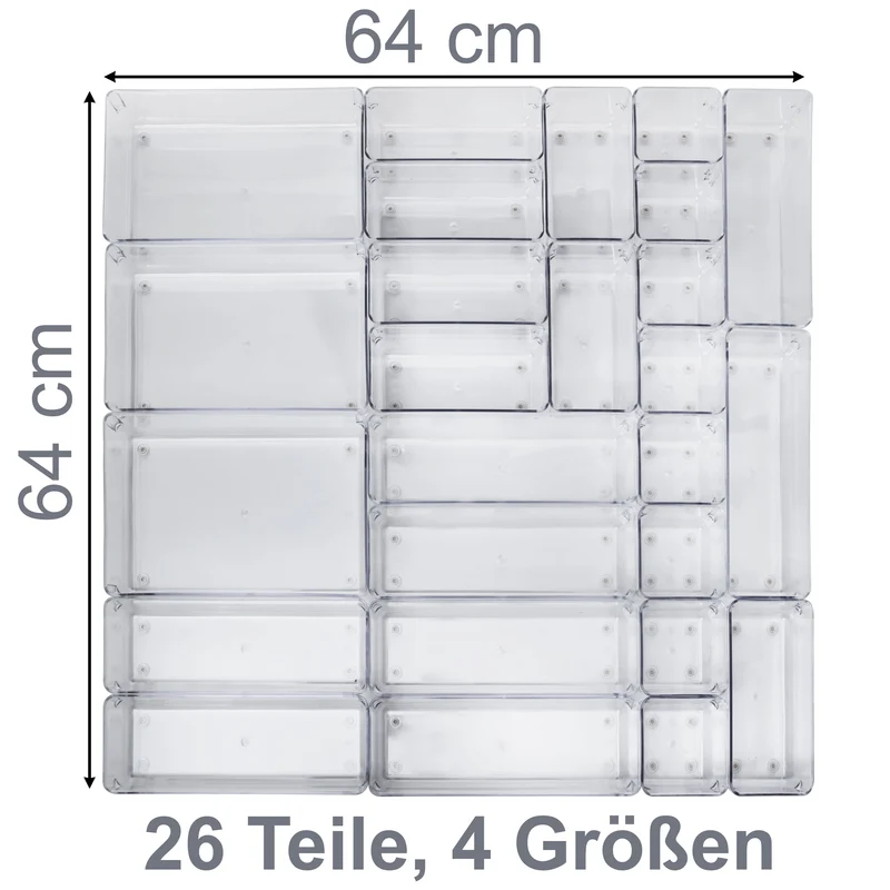 Schubladen Organizer 5,5 cm hoch - 26 Teile 64x64 cm 4 Größen klar transparent Antislip - Organizer für Schminktisch Ordnungssystem Kosmetik Bad Küche Kiste Besteck Aufbewahrungsbox Ordnungsbox Schubladeneinsatz