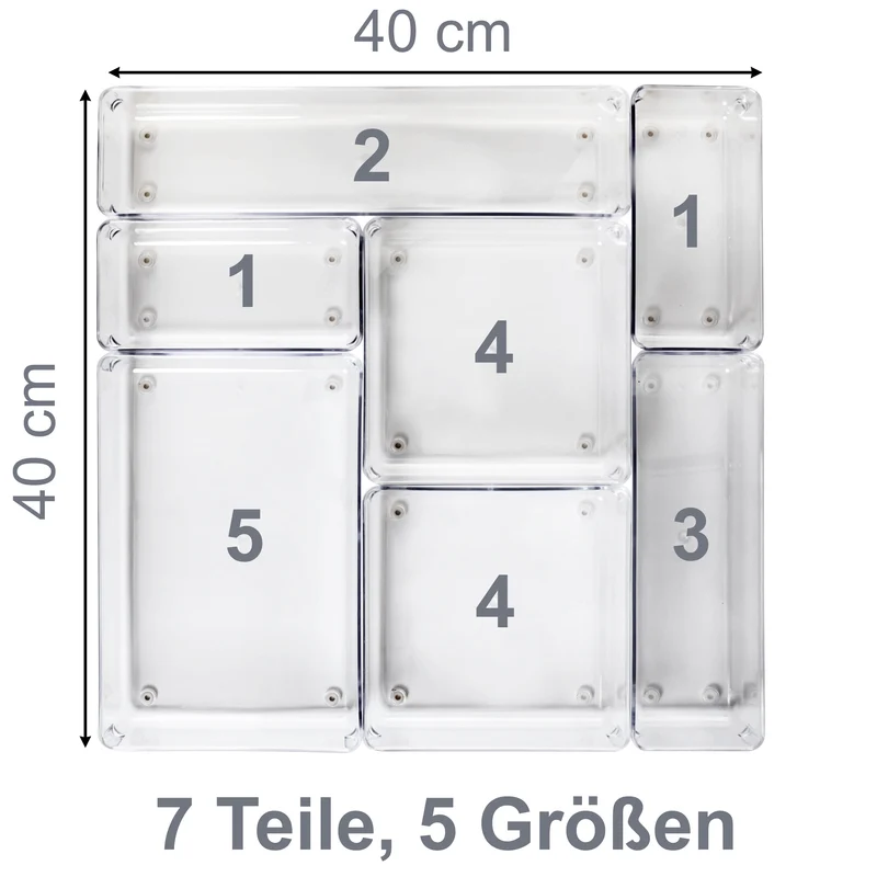 Schubladen Organizer 5,5 cm hoch - 7 Teile 40x40 cm 5 Größen klar transparent Antislip - Ordnungssystem für Schminktisch Kosmetik Bad Küche Kiste Besteck Aufbewahrungsbox Ordnungsbox Schubladeneinsatz