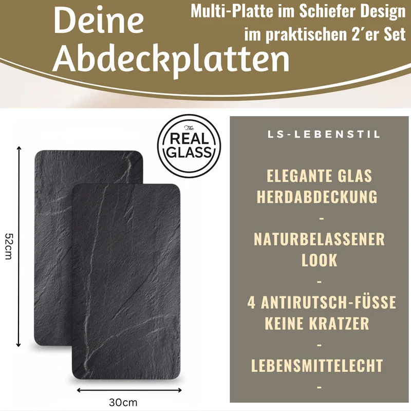 2´er Set ESG Glas Herdabdeckplatten Schiefer 52x30cm Glasschneidebrett Schneidebrett