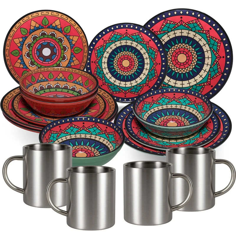 Melamin Geschirr Set Toskana Deep für 4 Personen - 16 Teile - Rot-Grün - mit Edelstahl Thermo Tassen Mandala-Optik Spülmaschinengeeignet Essgeschirr Campingzubehör Campinggeschirr Wohnwagen Camping