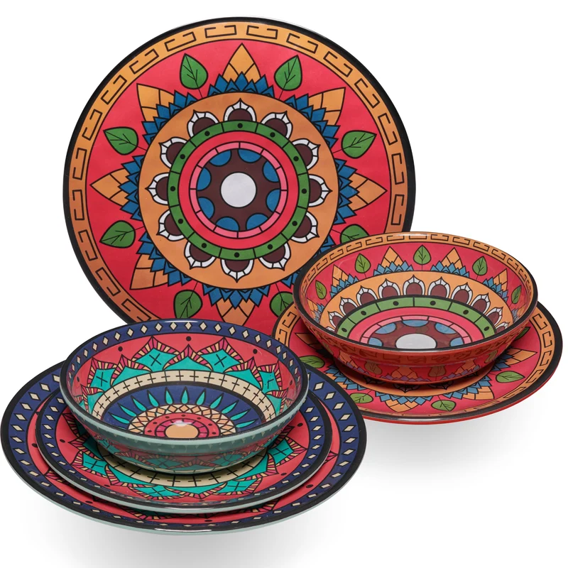 Melamin Geschirr Set Toskana Deep für 4 Personen - 16 Teile - Rot-Grün - mit Edelstahl Thermo Tassen Mandala-Optik Spülmaschinengeeignet Essgeschirr Campingzubehör Campinggeschirr Wohnwagen Camping