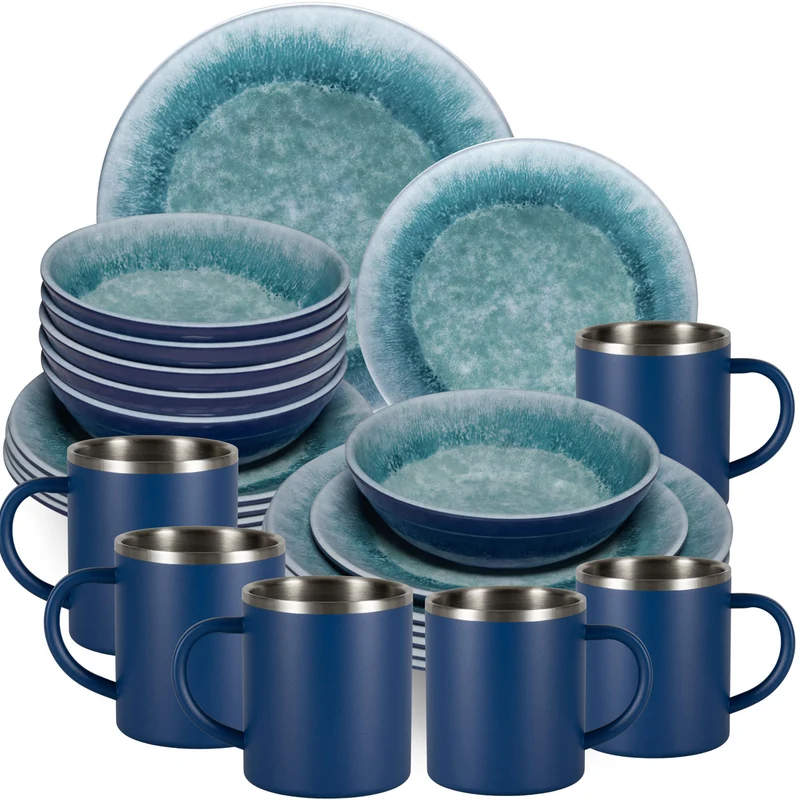 Melamin Geschirr Set Adria Blue für 6 Personen - 24 Teile Blau - mit Edelstahl Thermo Tassen Steingutoptik Essgeschirr Campingzubehör Campinggeschirr Wohnwagen Camping Festival Picknick Gaertenparty