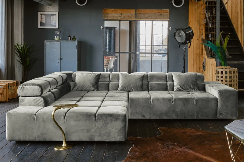 B-Ware KAWOLA Sofa NEVADA Ecksofa Velvet silber Recamiere links