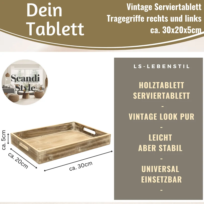 Vintage Serviertablett 30x20x5cm Grau Braun gekalkt Holz Tablett Griff Deko