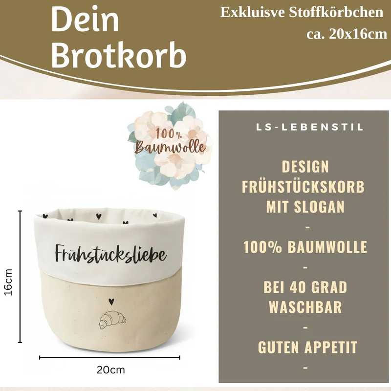 Design Brotkorb Stoffkörbchen Frühstücksliebe 100% Baumwolle Brotkörbchen Brötchen