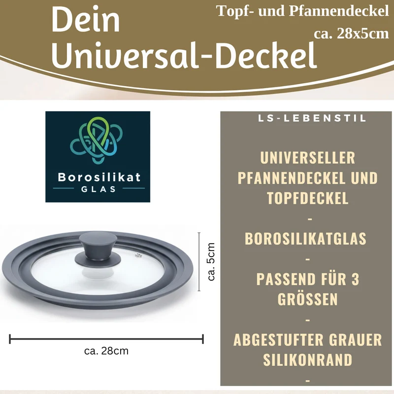 Universal Glasdeckel Ø 24 26 28cm abgestufter Silikonrand Deckel für Pfannen Töpfe
