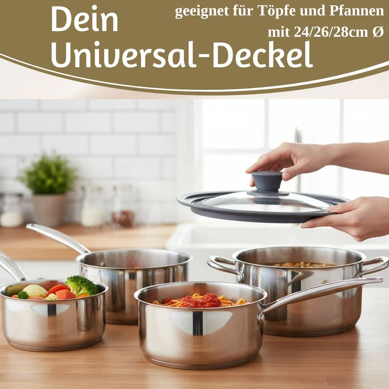 Universal Glasdeckel Ø 24 26 28cm abgestufter Silikonrand Deckel für Pfannen Töpfe