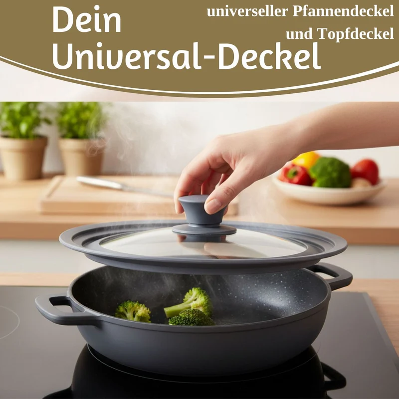 Universal Glasdeckel Ø 24 26 28cm abgestufter Silikonrand Deckel für Pfannen Töpfe