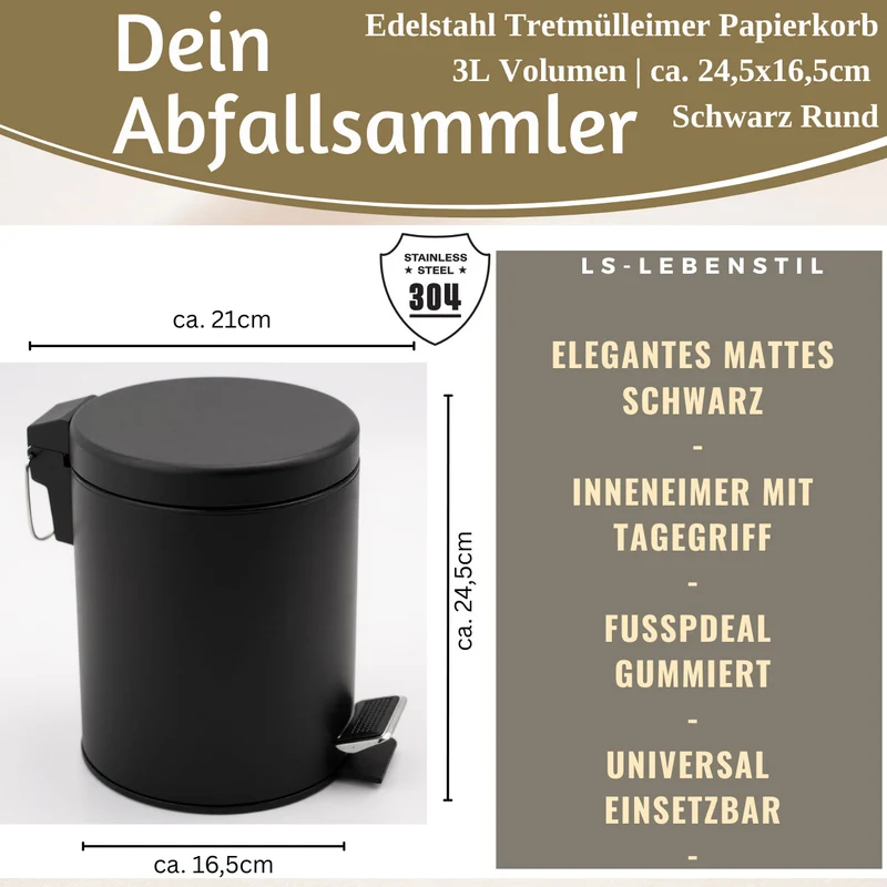 Edelstahl Tretmülleimer Papierkorb 3L Schwarz Rund Kosmetikeimer Fußpedal Mülleimer