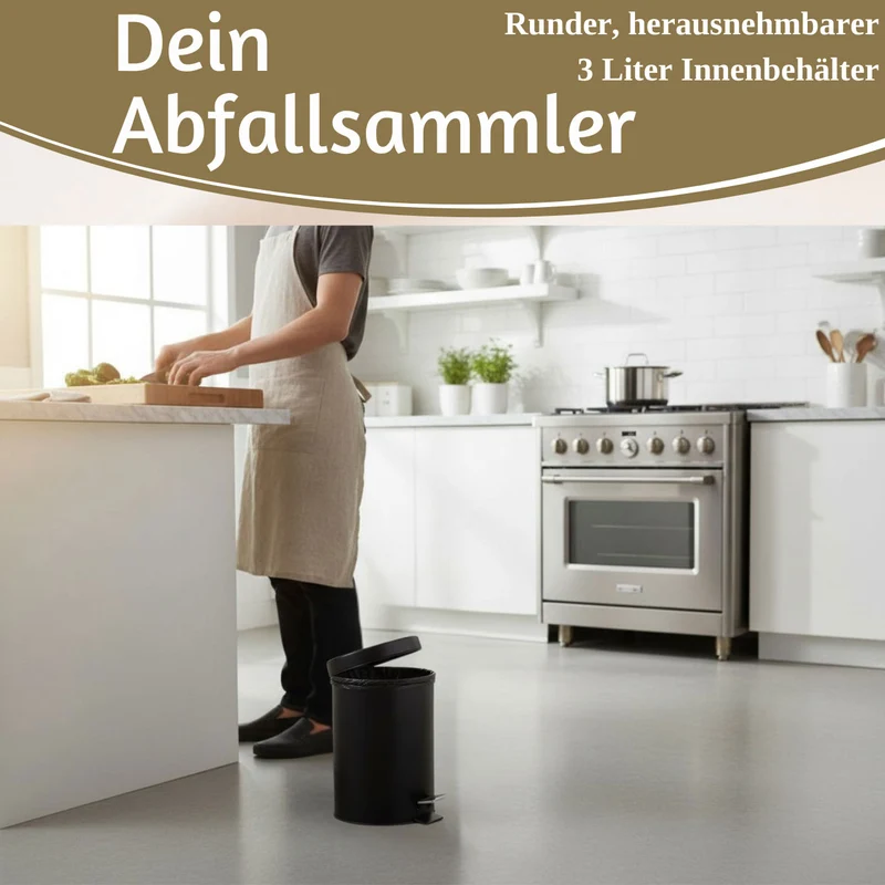 Edelstahl Tretmülleimer Papierkorb 3L Schwarz Rund Kosmetikeimer Fußpedal Mülleimer