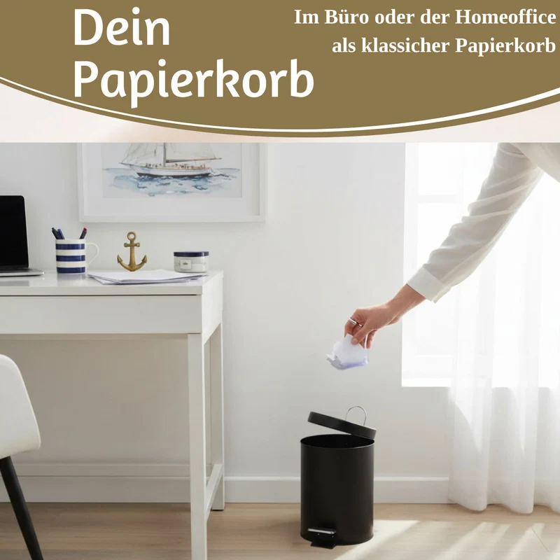 Edelstahl Tretmülleimer Papierkorb 3L Schwarz Rund Kosmetikeimer Fußpedal Mülleimer